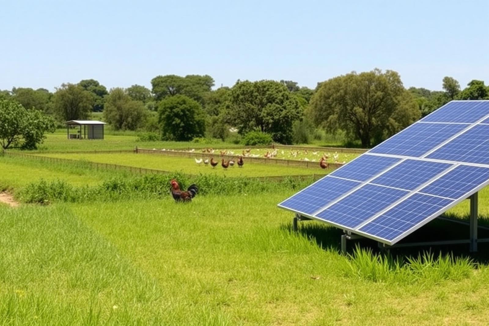 Solar panels and grazing land at a sustainable poultry farm
